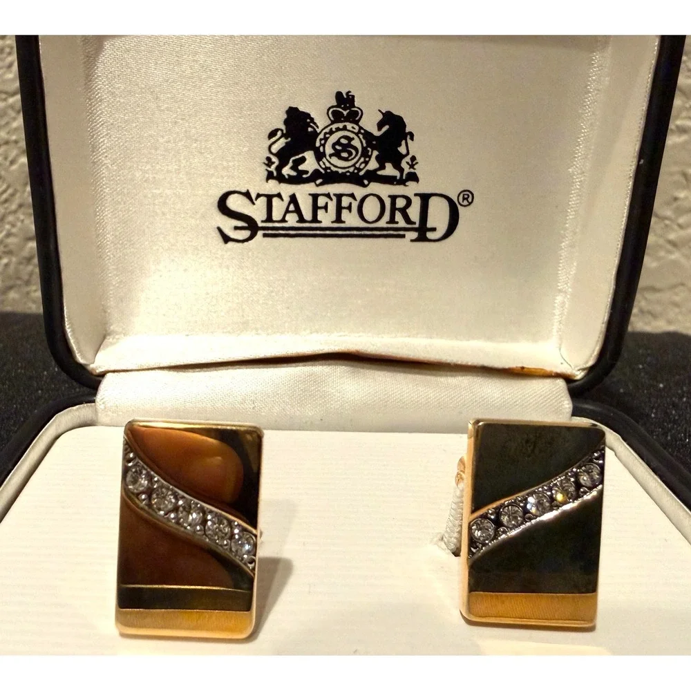 Vintage Stafford Gold Tone Rhinestone Rectangle Enamel Cufflinks Original Box